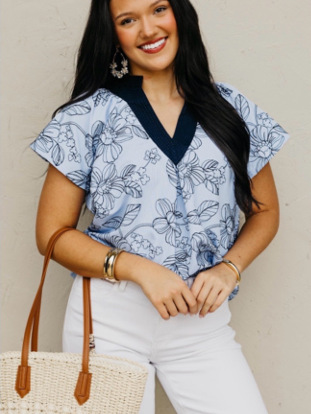 Umgee Light Blue Floral V-Neck Top with Navy Trim
